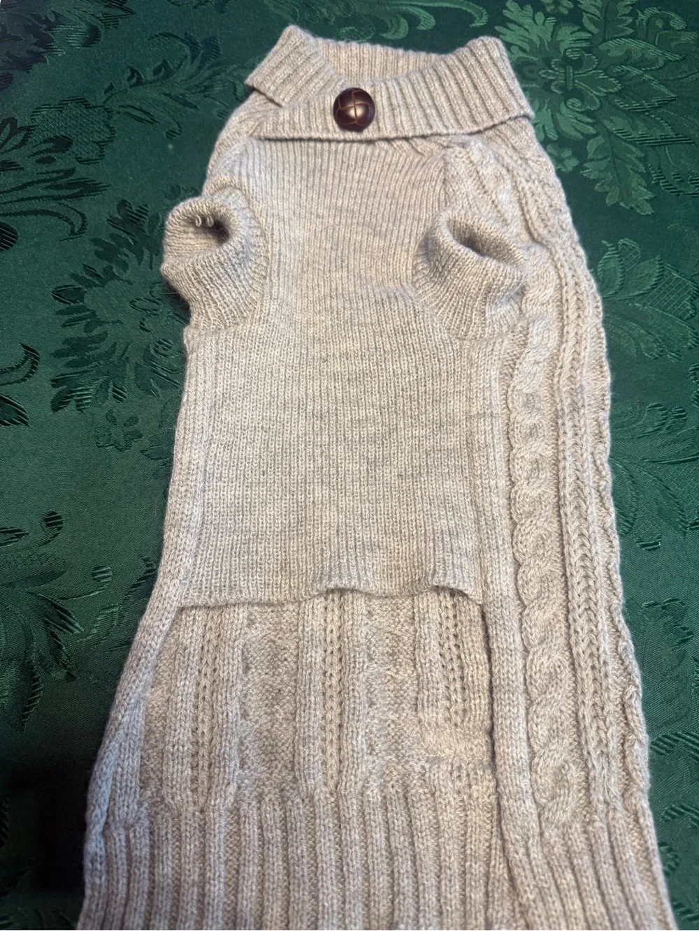 Soft grey Cable-Detail dogSweater with Button Collar